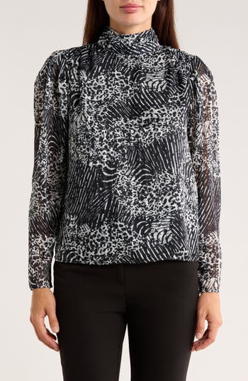 T Tahari Animal Print Long Sleeve Chiffon Top In Black