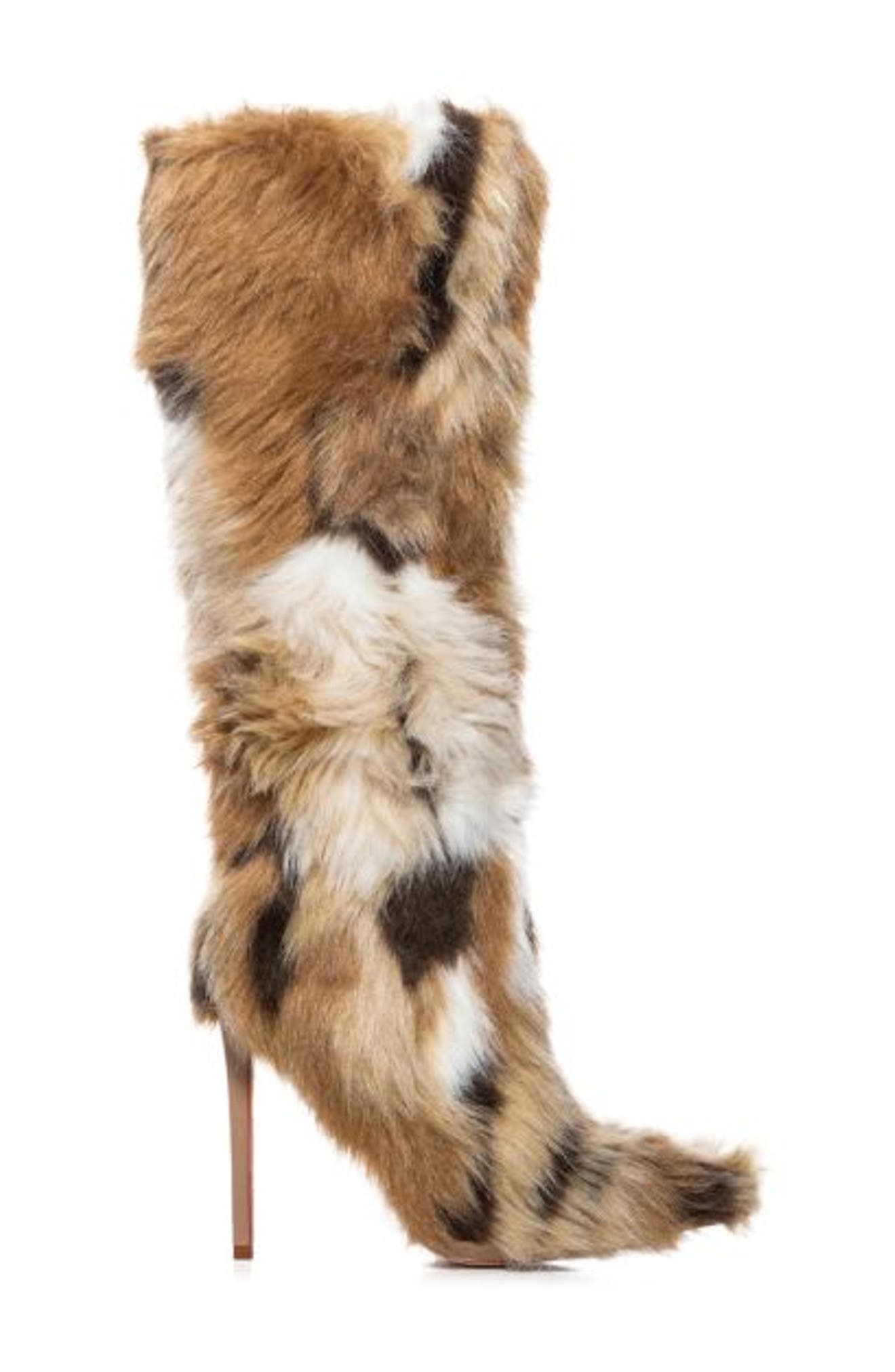 AZALEA WANG Upsetter Pointed Toe Faux Fur Knee High Boot, Alternate, color, Multi