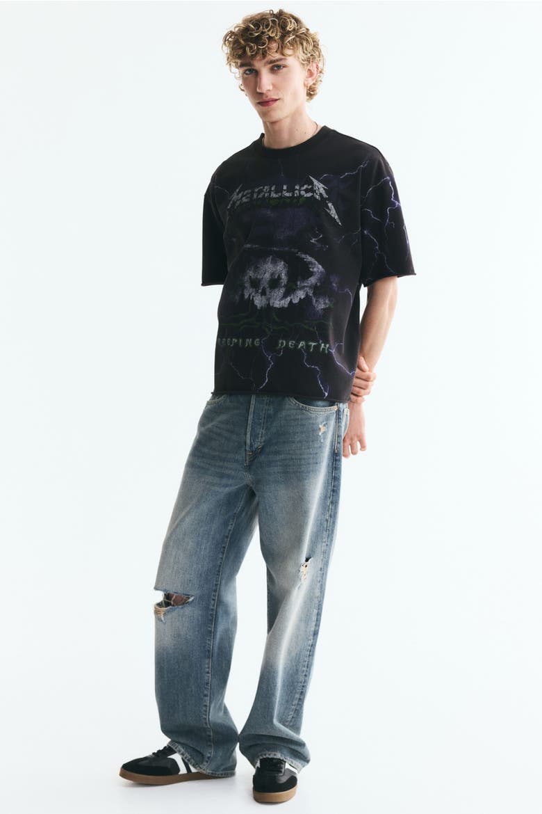 Oversized Printed Raw-edge Cotton T-shirt, Alternate, color, Black/Metallica