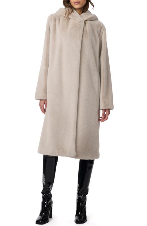 Shawl Collar Hoodded Faux Fur Coat