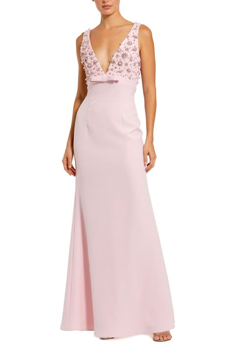 Crepe Sleeveless Beaded V Neck Gown With Bow