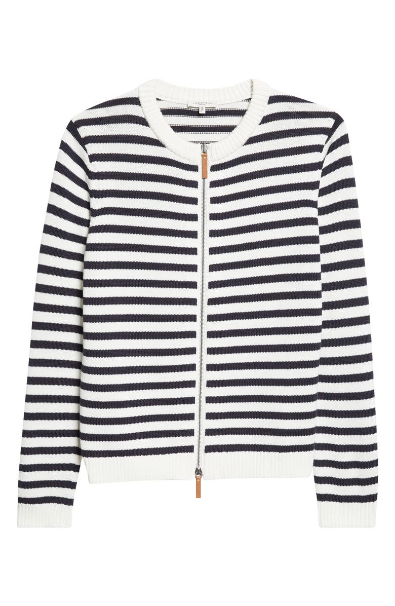 Lafayette 148 New York Stripe Cotton & Silk Zip Cardigan, Alternate, color, Cloud/ Ink