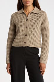 Vince Block Stitch Cotton Blend Crop Cardigan
