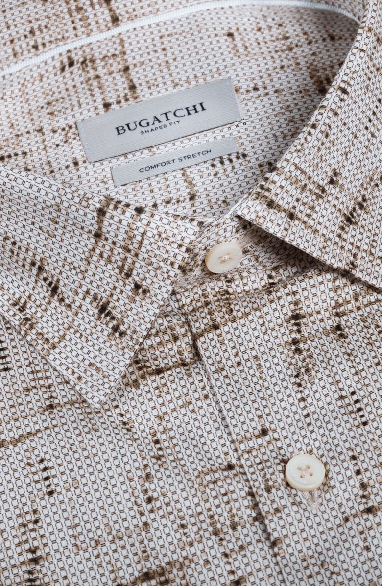 Bugatchi Julian Shaped Fit Abstract Geo Print Stretch Cotton Button-Up Shirt, Alternate, color, Khaki