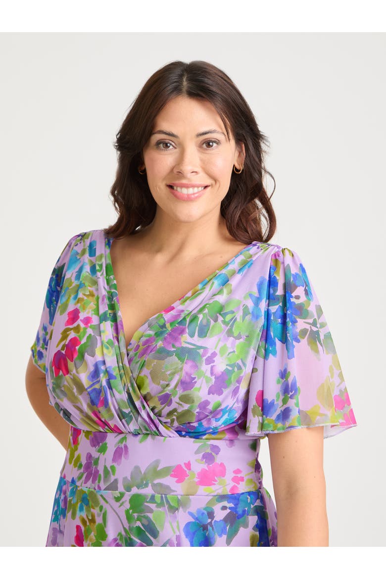 Victoria Floral Angel Sleeve Midi Dress, Alternate, color, Lilac Multi
