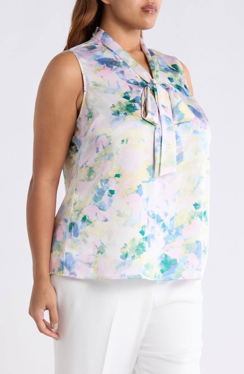 Tahari ASL Abstract Floral Tie Neck Sleeveless Satin Top, Alternate, color, Blush Buttercup