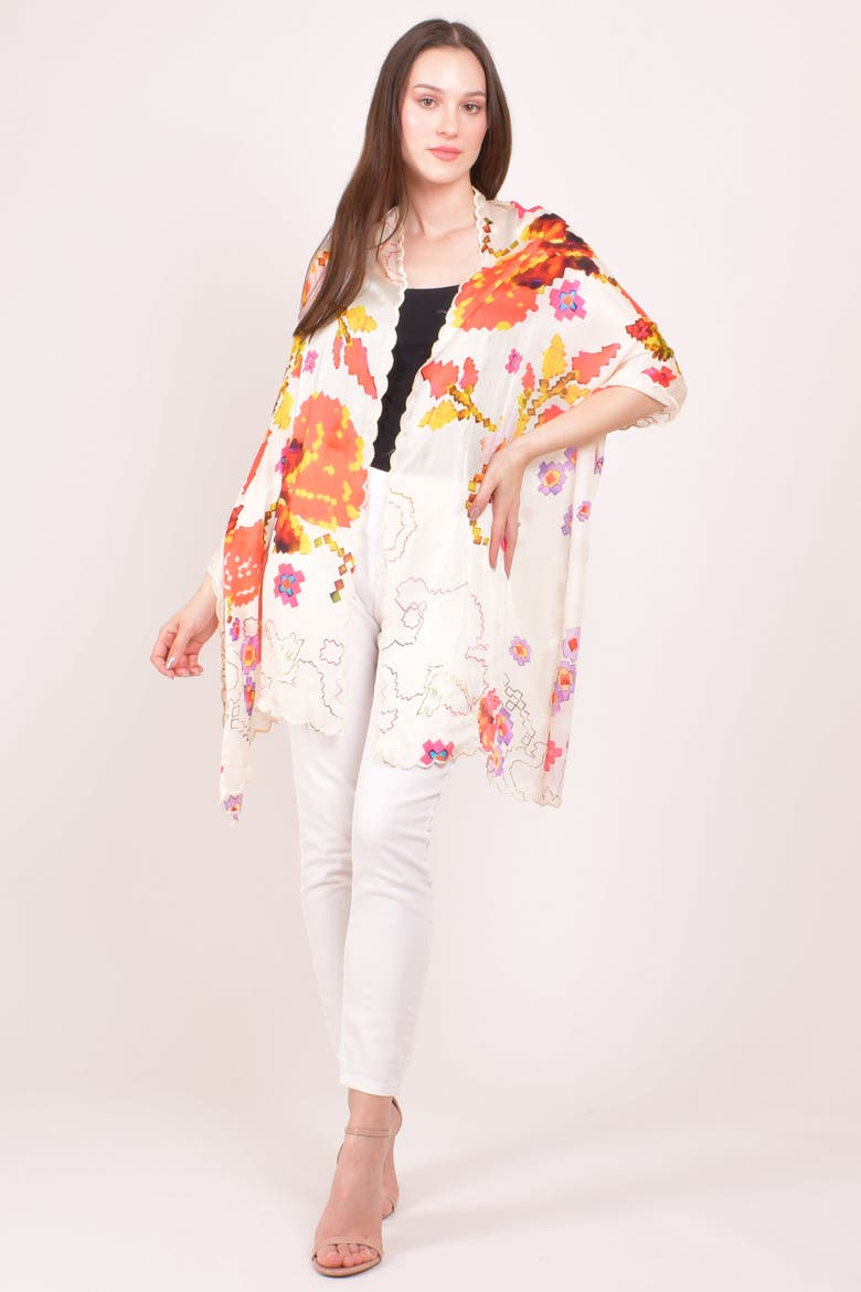 Printed Silk Scarf with Asymmetric Cutwork Border, Alternate, color, White