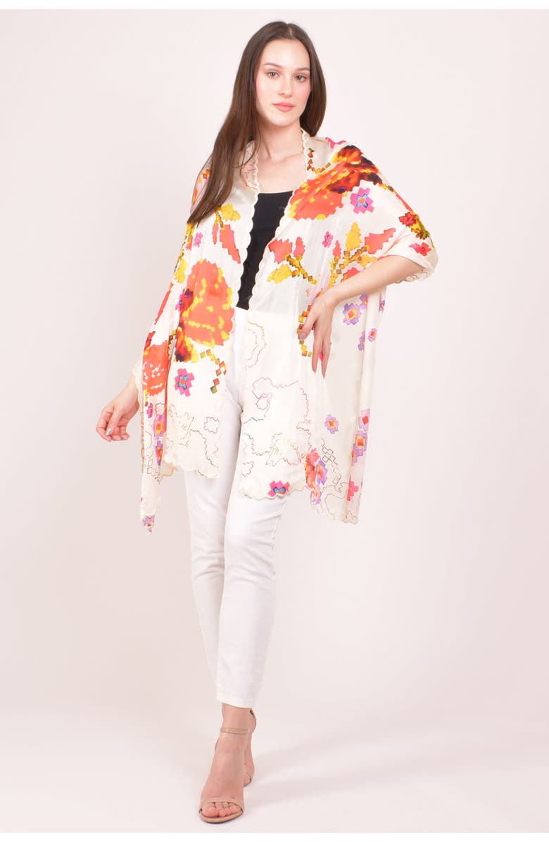 RAAS Printed Silk Scarf with Asymmetric Cutwork Border, Alternate, color, White