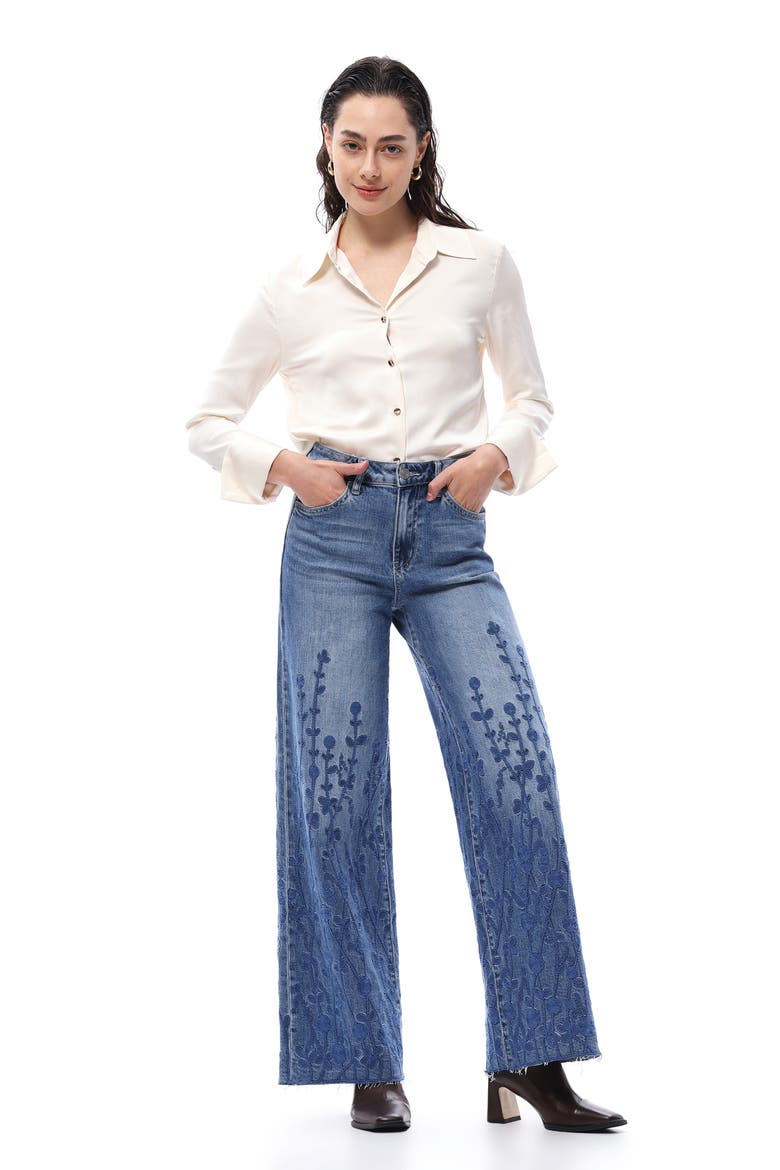 Embroidered High Waist Wide Leg Jeans, Alternate, color, MEDIUM BLUE