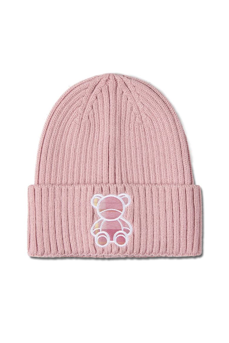 Plaid Bear Ribbed Embroidered Beanie, Main, color, Mauvelous