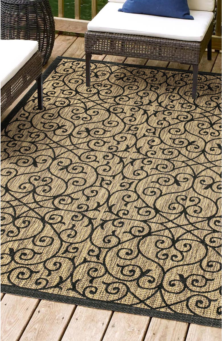 JONATHAN Y Madrid Vintage Filigree Textured Weave Indoor/Outdoor Area Rug, Alternate, color, Black/Khaki- Round