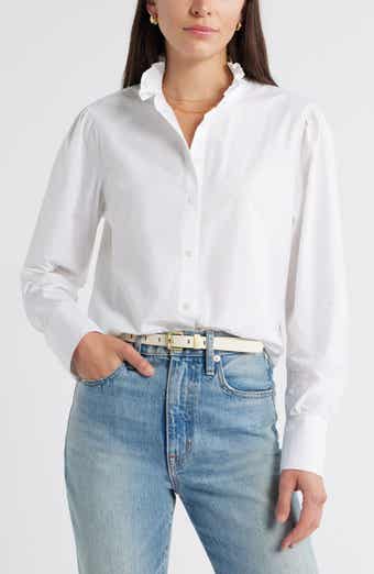 Caslon® Ruffle Puff Sleeve Cotton Button-Up Shirt