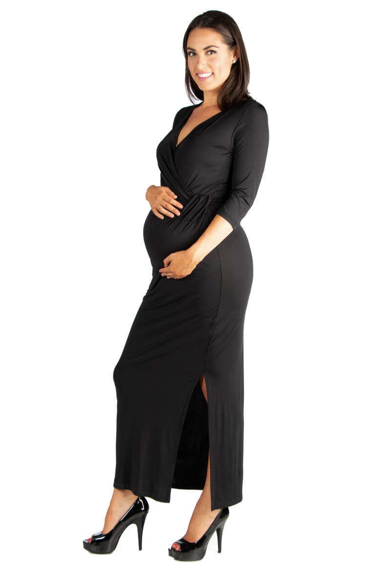 Fitted V-neck Side Slit Maternity Maxi Dress, Alternate, color, Black