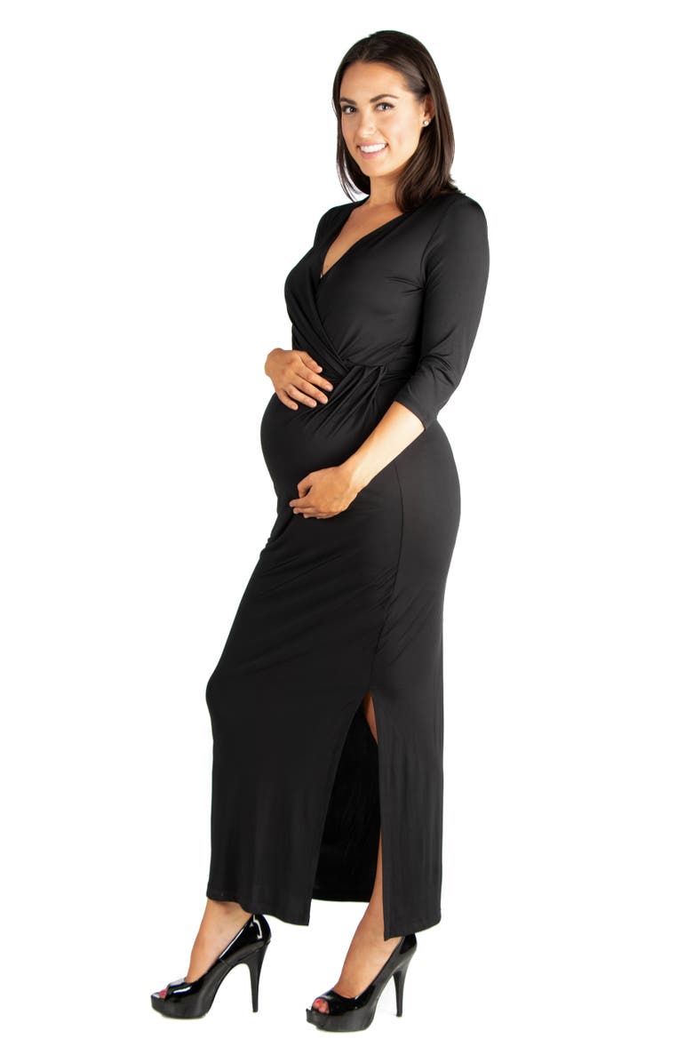 24seven Comfort Apparel Fitted V-neck Side Slit Maternity Maxi Dress, Alternate, color, Black