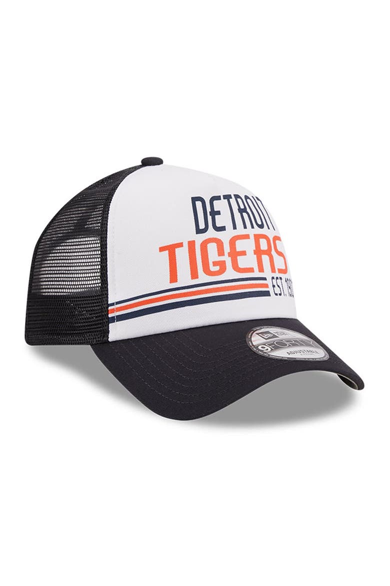 Men's New Era White/Navy Detroit Tigers Stacked A-Frame Trucker 9FORTY Adjustable Hat, Alternate, color, White