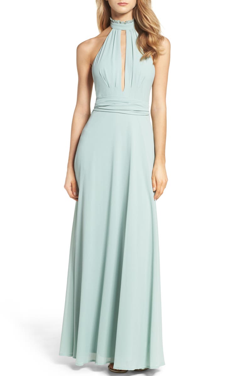 Lulus Ruffle Neck Halter Gown, Main, color, 