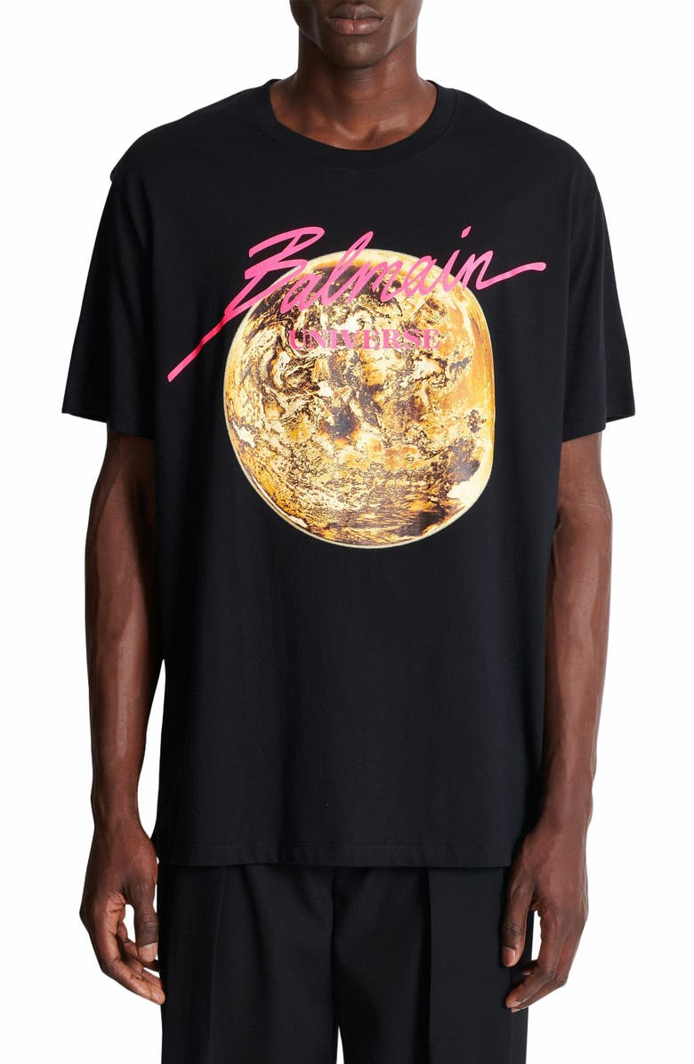 Balmain Printed Balmain Universe Logo And Planet T-Shirt, Alternate, color, Black