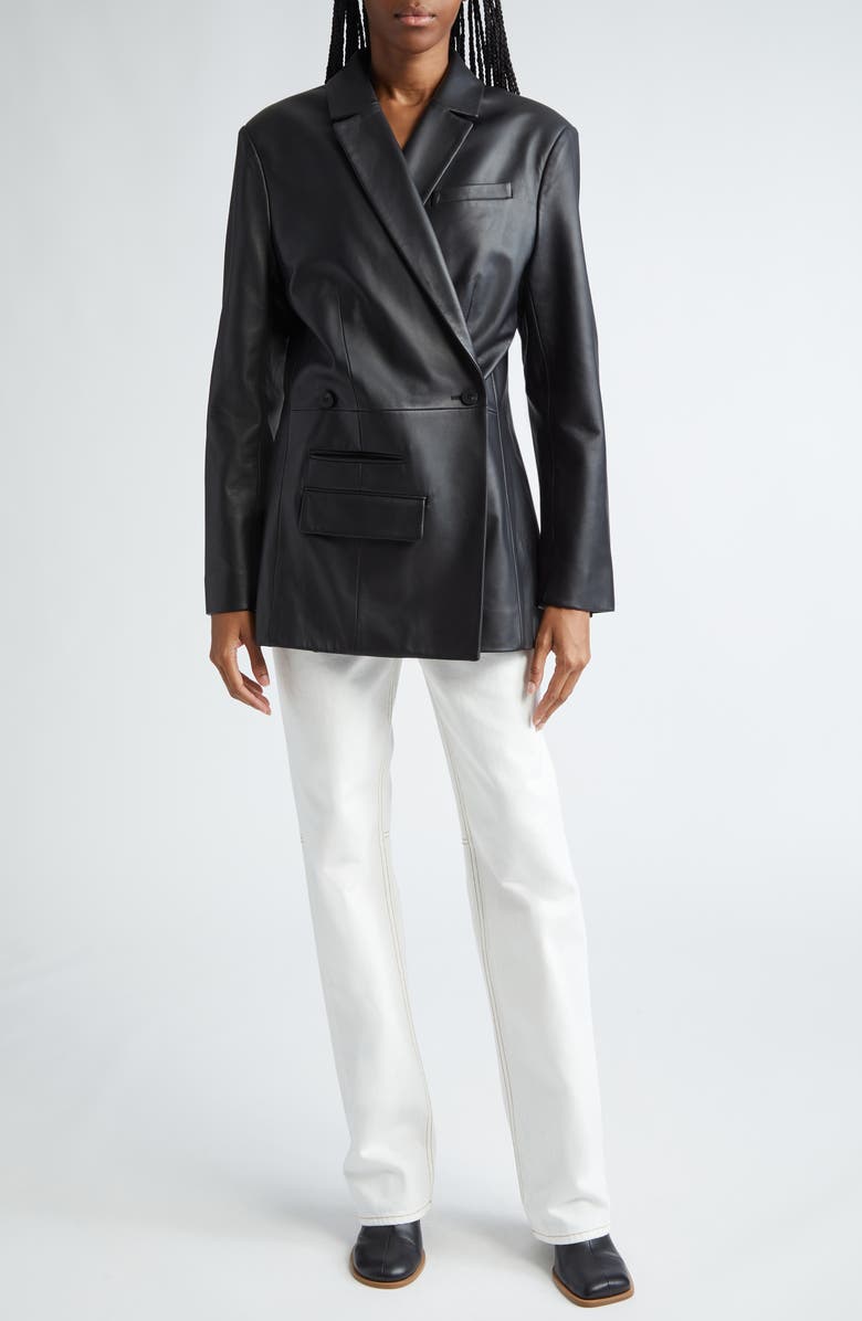 Jacquemus La Veste Tibau Asymmetric Leather Blazer, Alternate, color, Black