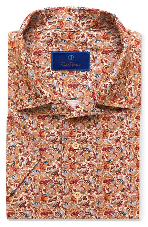 Men's Coral Print Short Sleeve Button-Up Camp Shirt