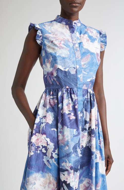 Erdem Floral Print Sleeveless Crinkled Satin Midi Dress In Blue