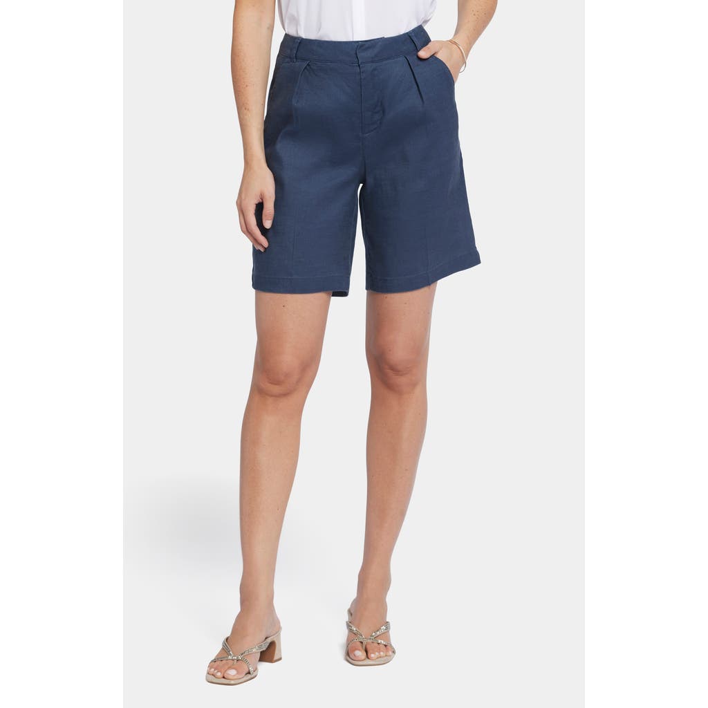 Nydj Relaxed Pleated Linen Blend Shorts In Oxford Navy