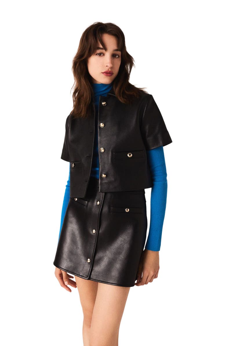 maje Cropped leather jacket, Alternate, color, Black