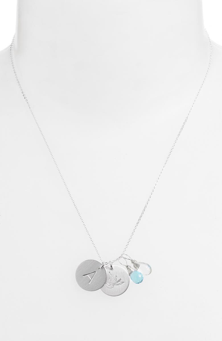 Nashelle Ocean Blue & Crystal Swallow Sterling Silver Initial Disc Necklace, Alternate, color,