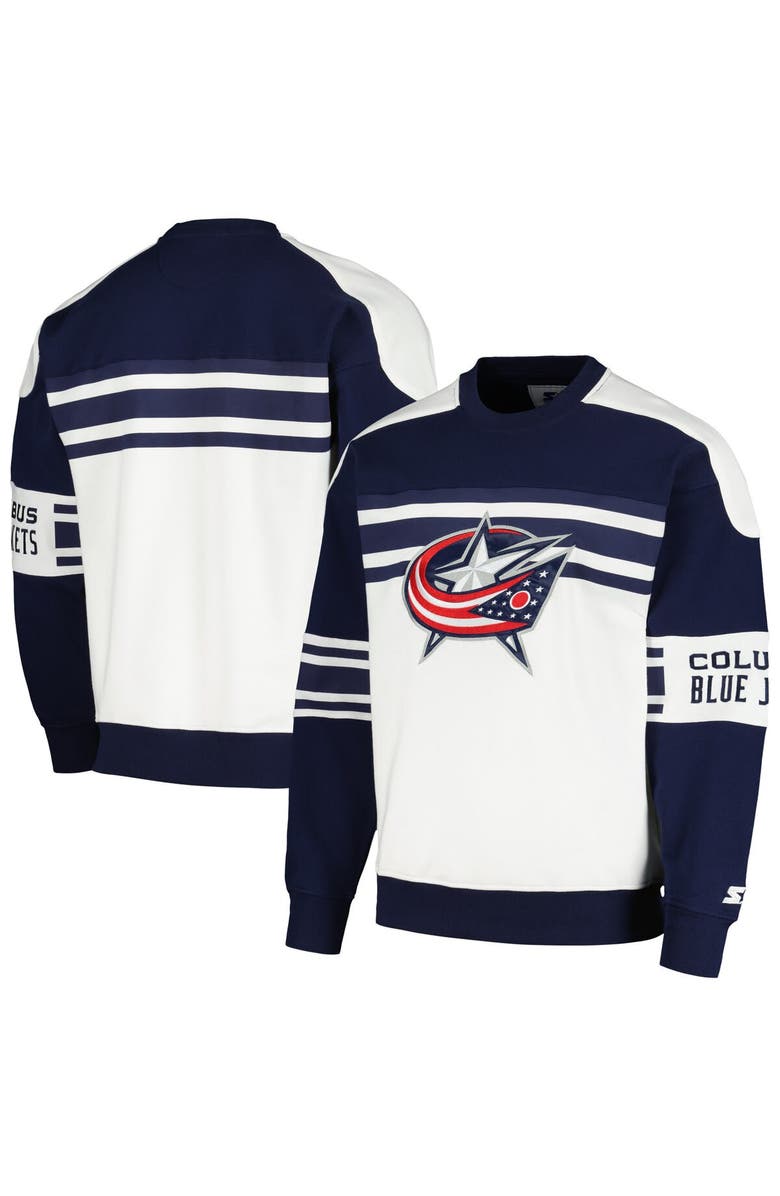 STARTER Men's Starter White Columbus Blue Jackets Defense Fleece Crewneck Pullover Sweatshirt, Main, color, White
