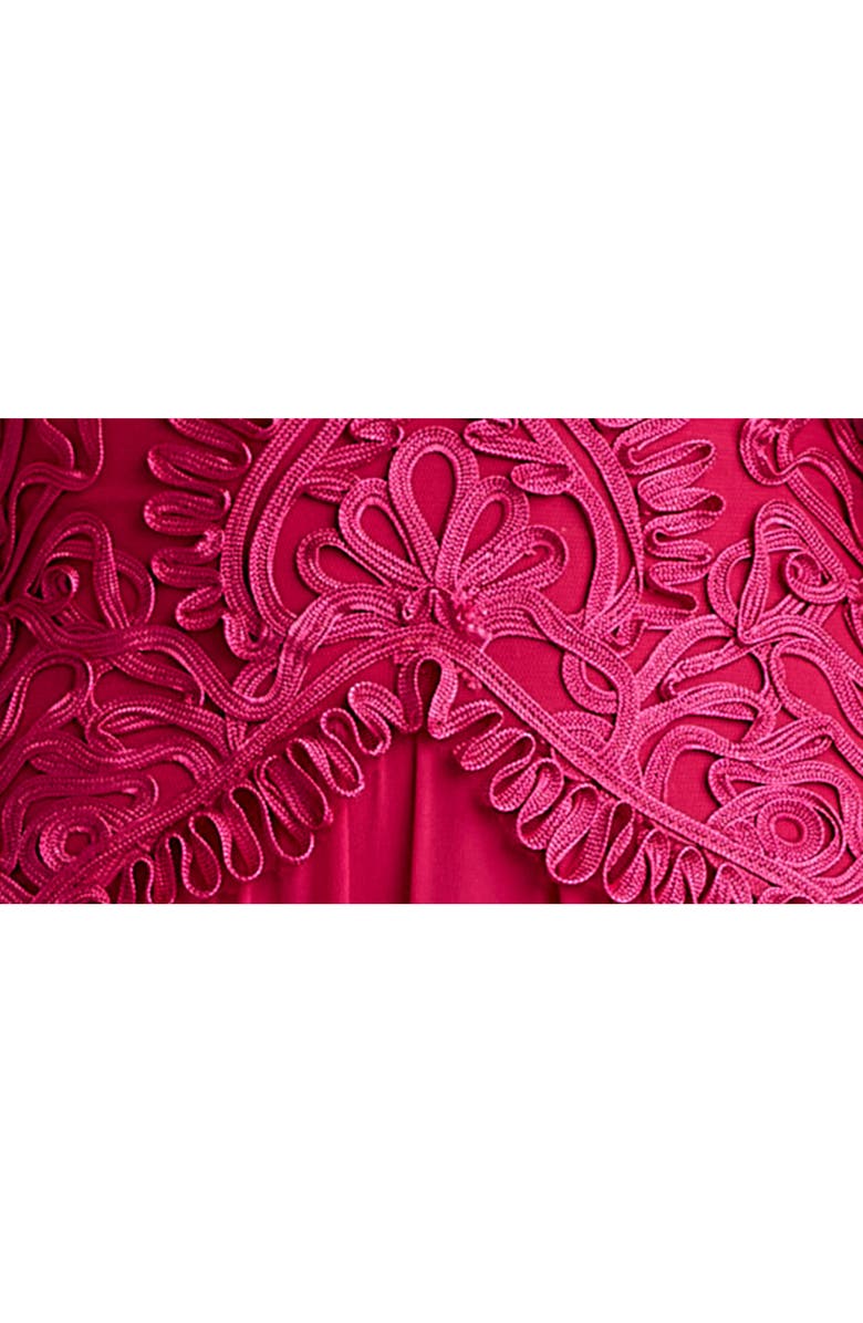 Tadashi Shoji Scroll Lace Detail Flutter Sleeve Chiffon Gown, Alternate, color, Hibiscus