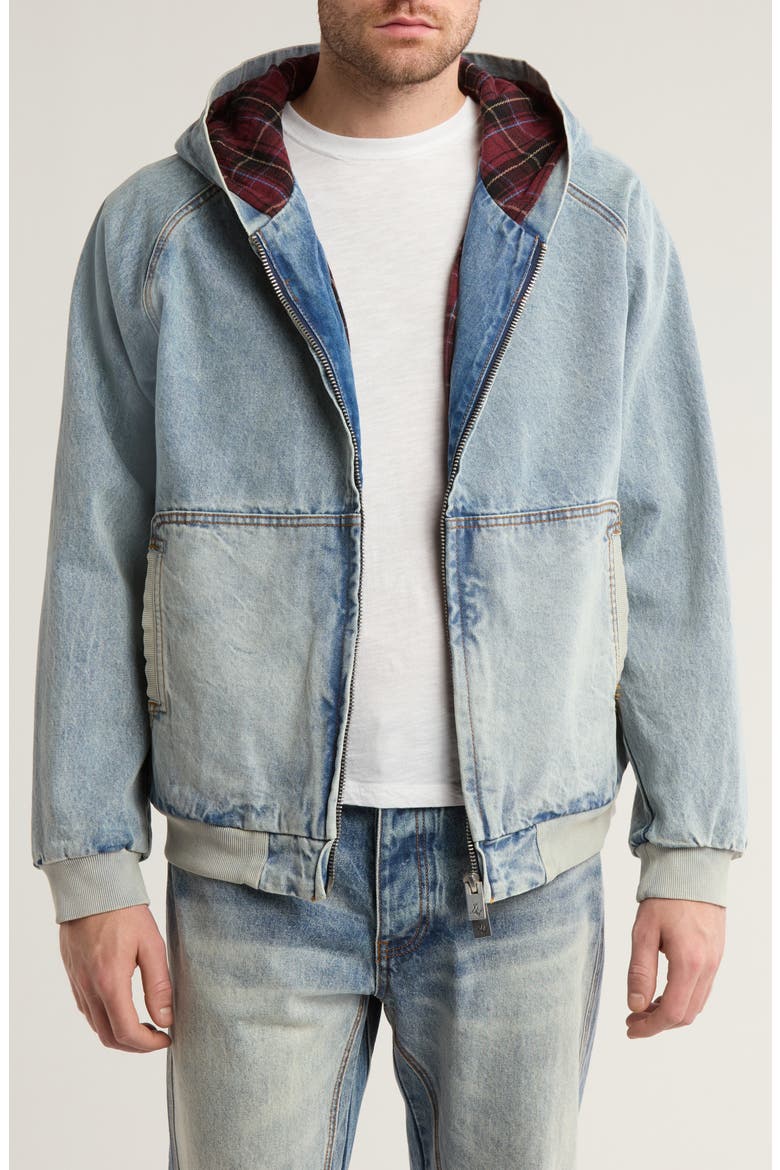 Twin Needed Hooded Denim Jacket, Main, color, WASHED INDIGO