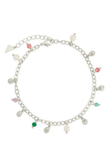 Sterling Forever Truvy Crystal & Freshwater Pearl Charm Anklet In Metallic