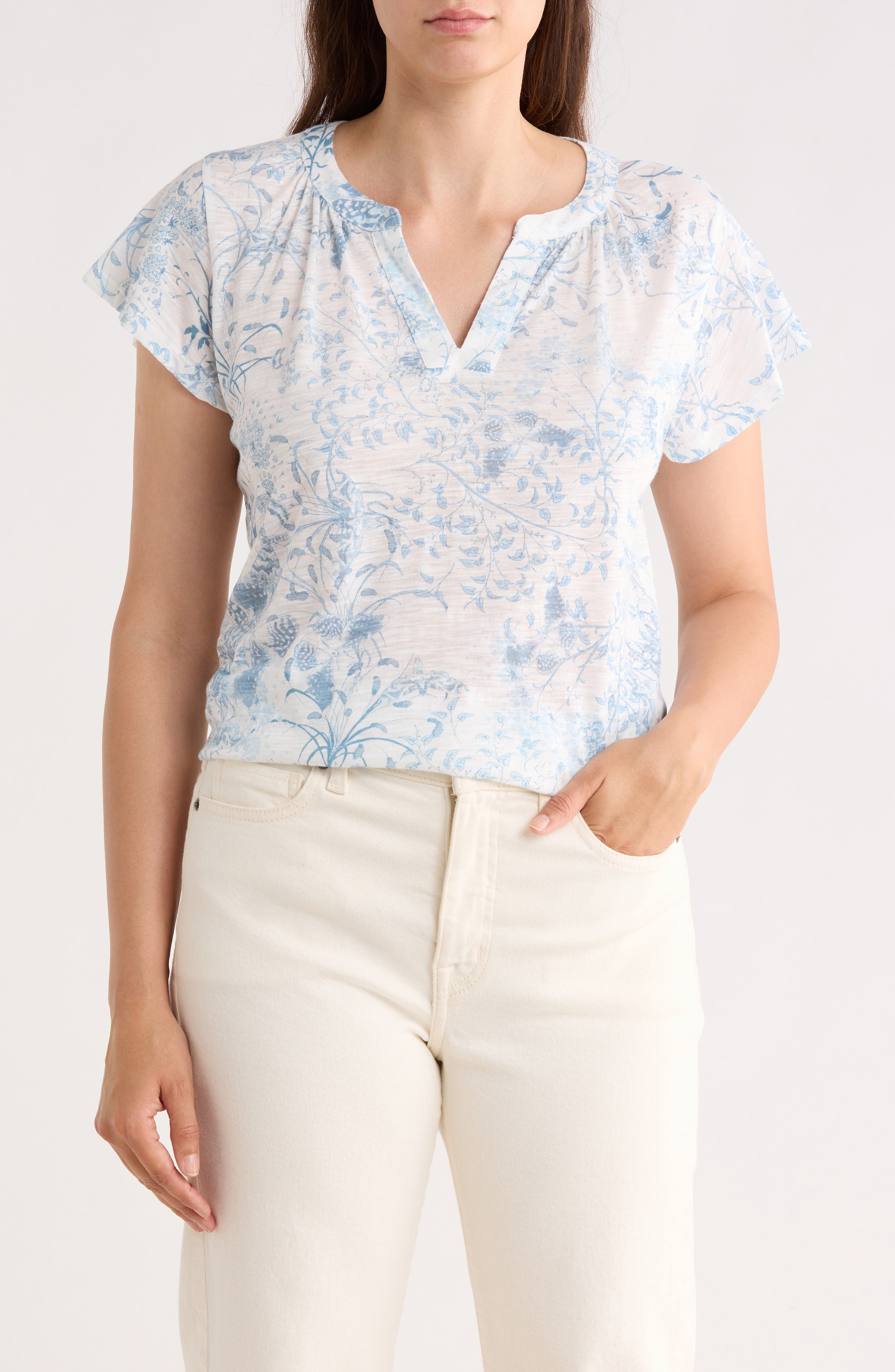 Lucky Brand Floral Split Neck Cotton Blend T-Shirt