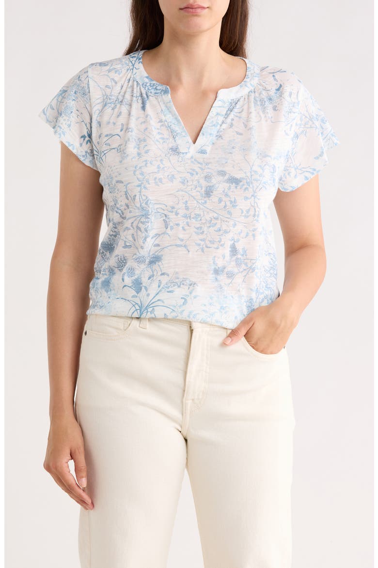 Floral Split Neck Cotton Blend T-Shirt, Main, color, BLUE MULTI