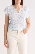 Lucky Brand Floral Split Neck Cotton Blend T-Shirt