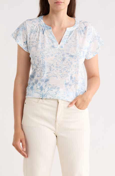 Lucky Brand Floral Split Neck Cotton Blend T-Shirt