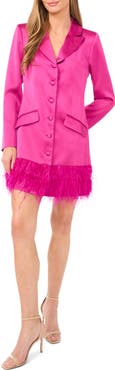 CeCe Feather Hem Long Sleeve Satin Blazer Minidress