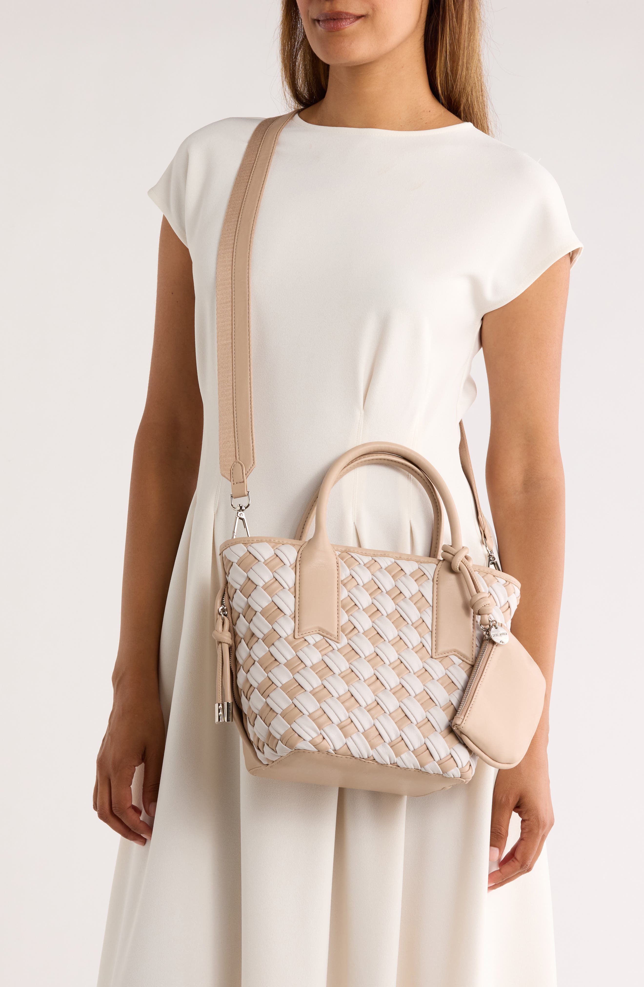 Steve Madden Bgene Woven Satchel Bag, Alternate, color, Chalk / Stone