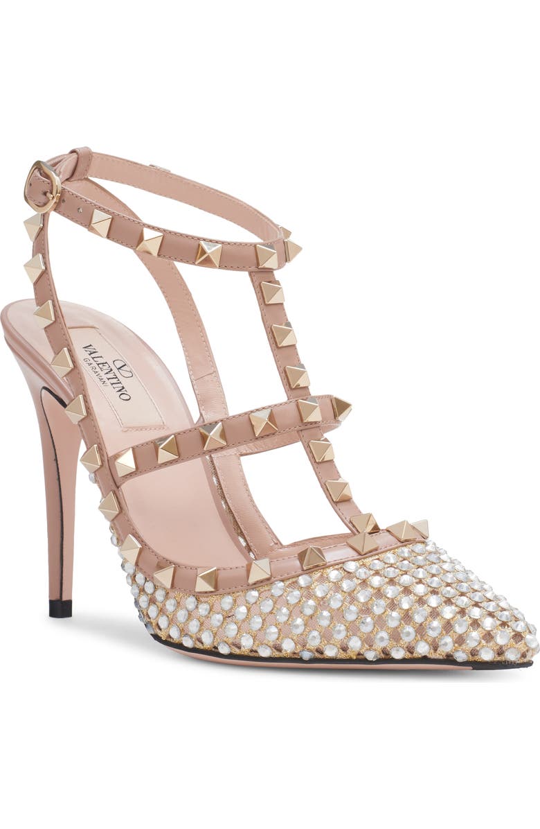 Valentino Garavani Rockstud Crystal T-Strap Pump, Main, color, Gold/ Crystal/ Rose Cannell