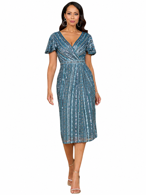 Beaded Midi Dress with Flutter Sleeves