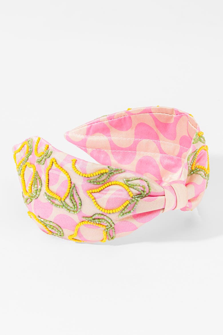 Lemon Pop Printed Knotted Headband, Alternate, color, Metallic Silver