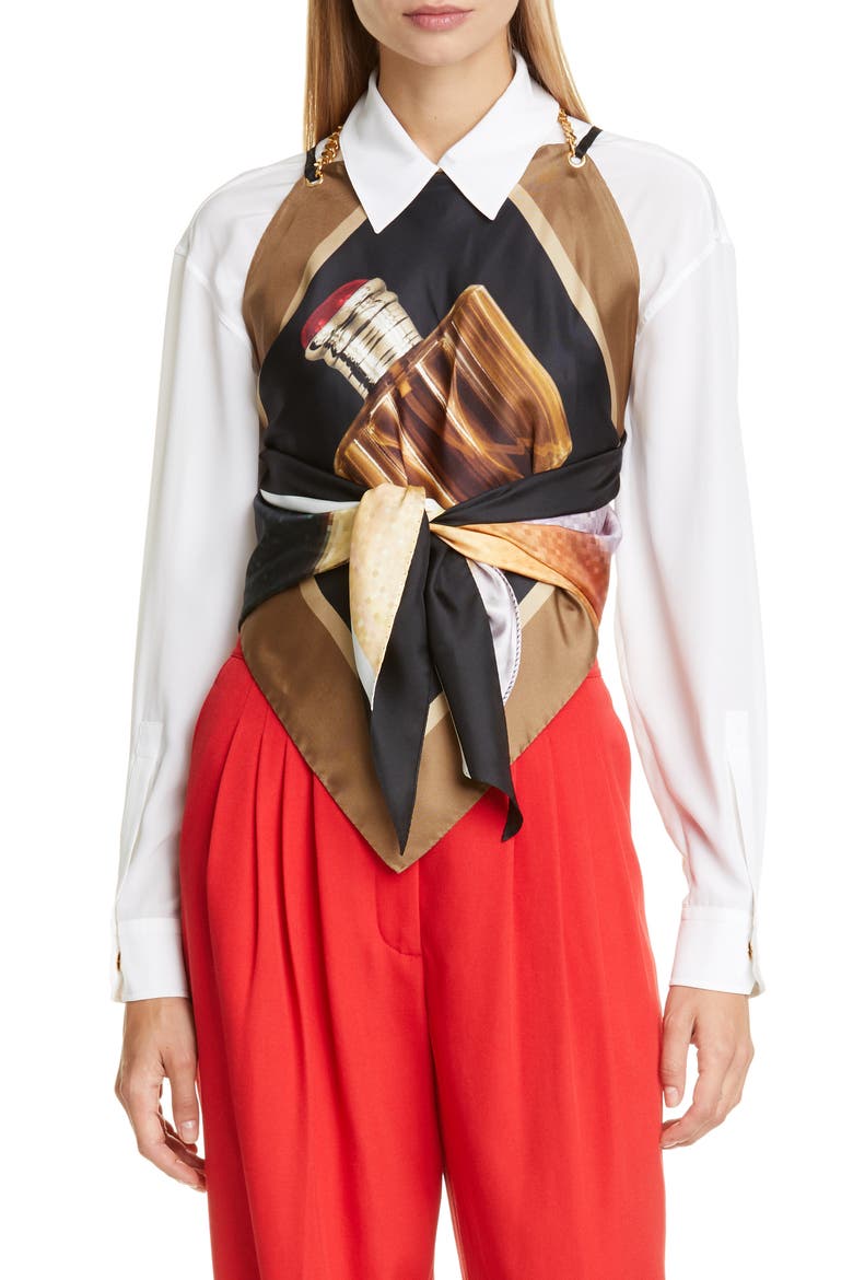 Amaris Archive Perfume Bottle Print Silk Twill Top, Main, color, BLACK IP PAT
