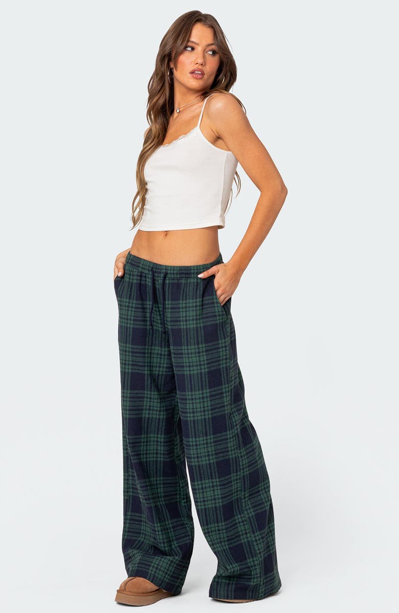 EDIKTED Lounge Around Plaid Wide Leg Pants, Alternate, color, Navy