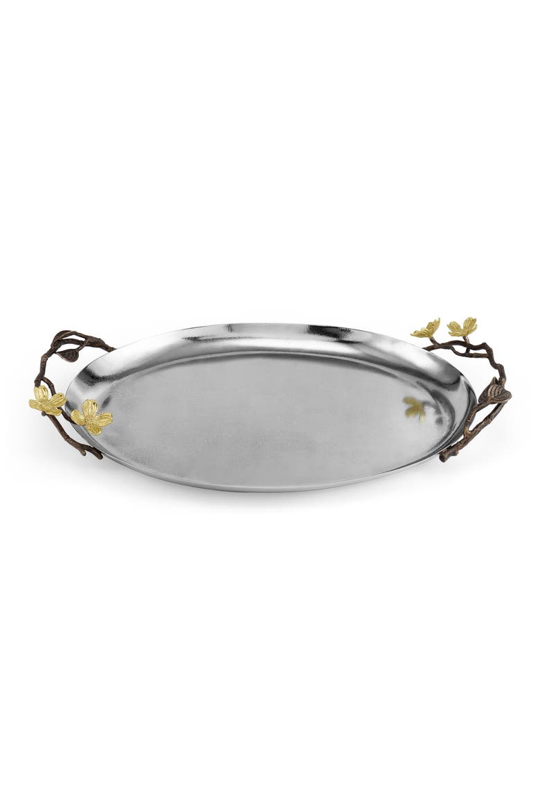 Dogwood Oval Metal Serving Tray, Main, color, SILVER/ GOLD