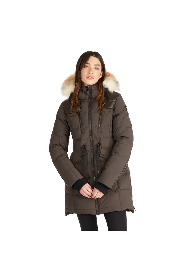 Alia Mixed Media Quilted Parka with Detachable Hood and Faux Fur Trim, Main, color, Dark Oak