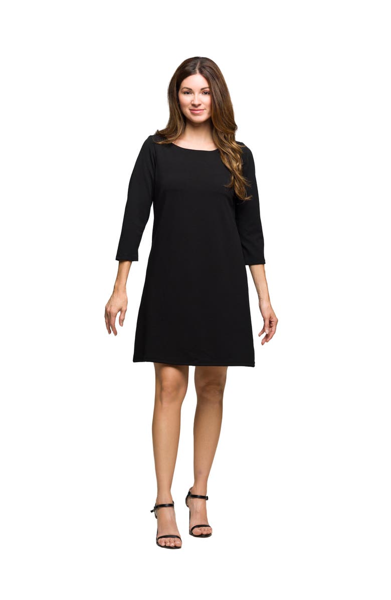 24seven Comfort Apparel Three Quarter Sleeve A Line Knee Length Dress, Main, color, Black