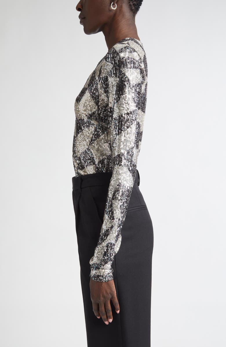 ST. JOHN Cubist Geometric Sequin Top, Alternate, color, Ecru/ Black Multi