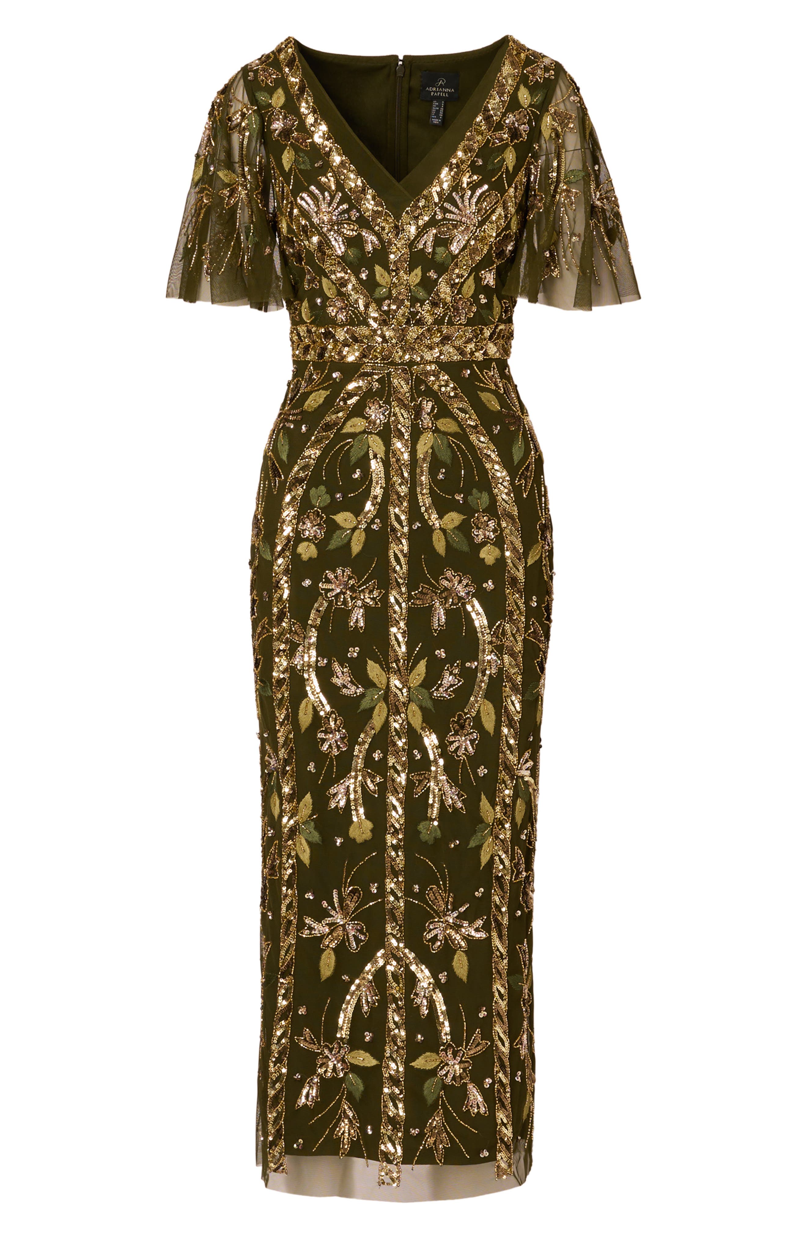 sequin beaded cocktail dress with flutter sleeves and scallop trim Adrianna Papell Embellished Sleeve (Women) Flowy Chiffon Long Evening BIS_WK222026 boat neck Color:Blue and Black
