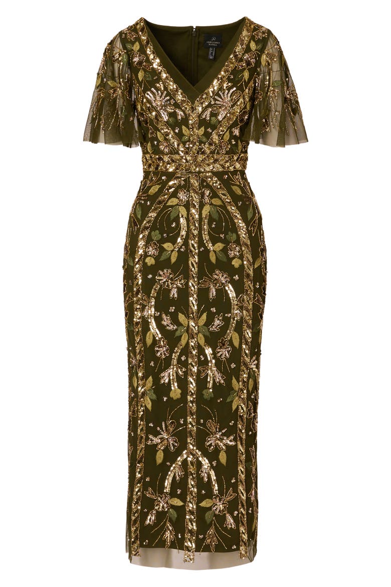 Embellished Flutter Sleeve Cocktail Dress, Alternate, color, OLIVE