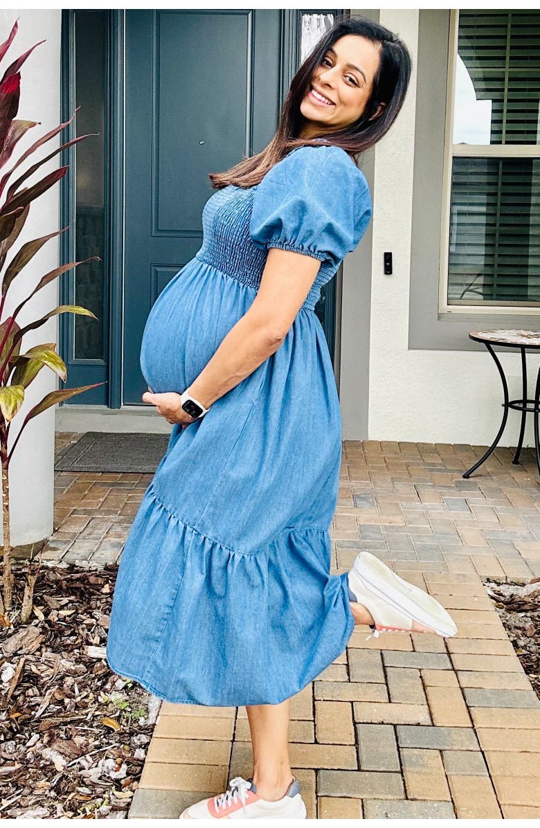 PinkBlush Vintage Wash Chambray Smocked Midi Dress, Alternate, color, Blue