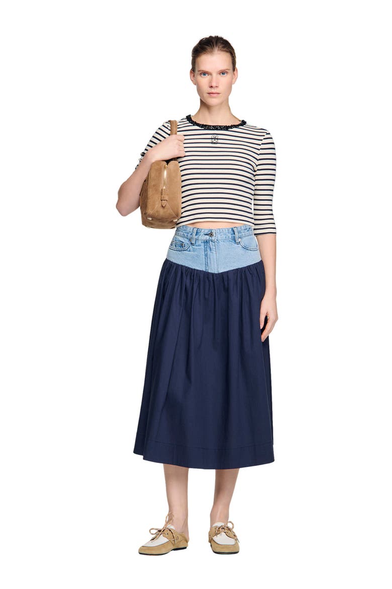 Short striped tee with beaded collar, Alternate, color, Navy blue